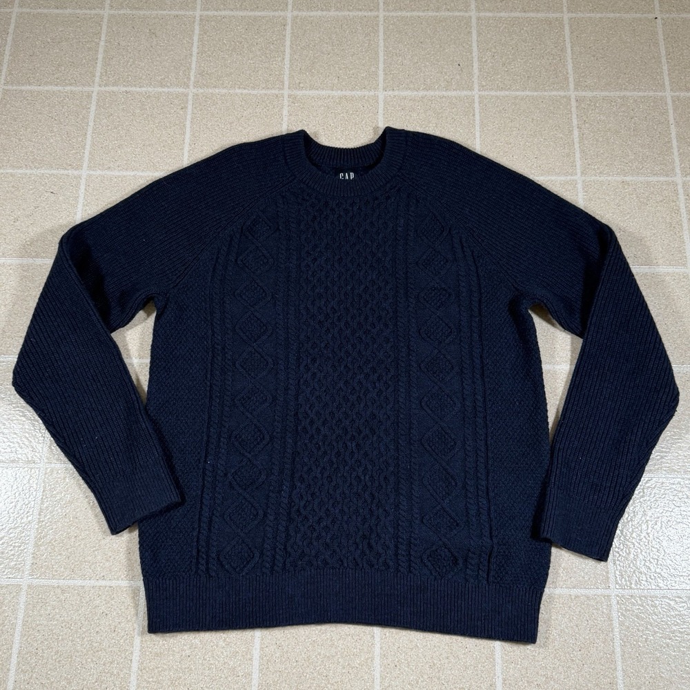 Gap Sweater Mens Large Navy Blue Wool Blend Fisherman Cable Knit Crewneck Thick